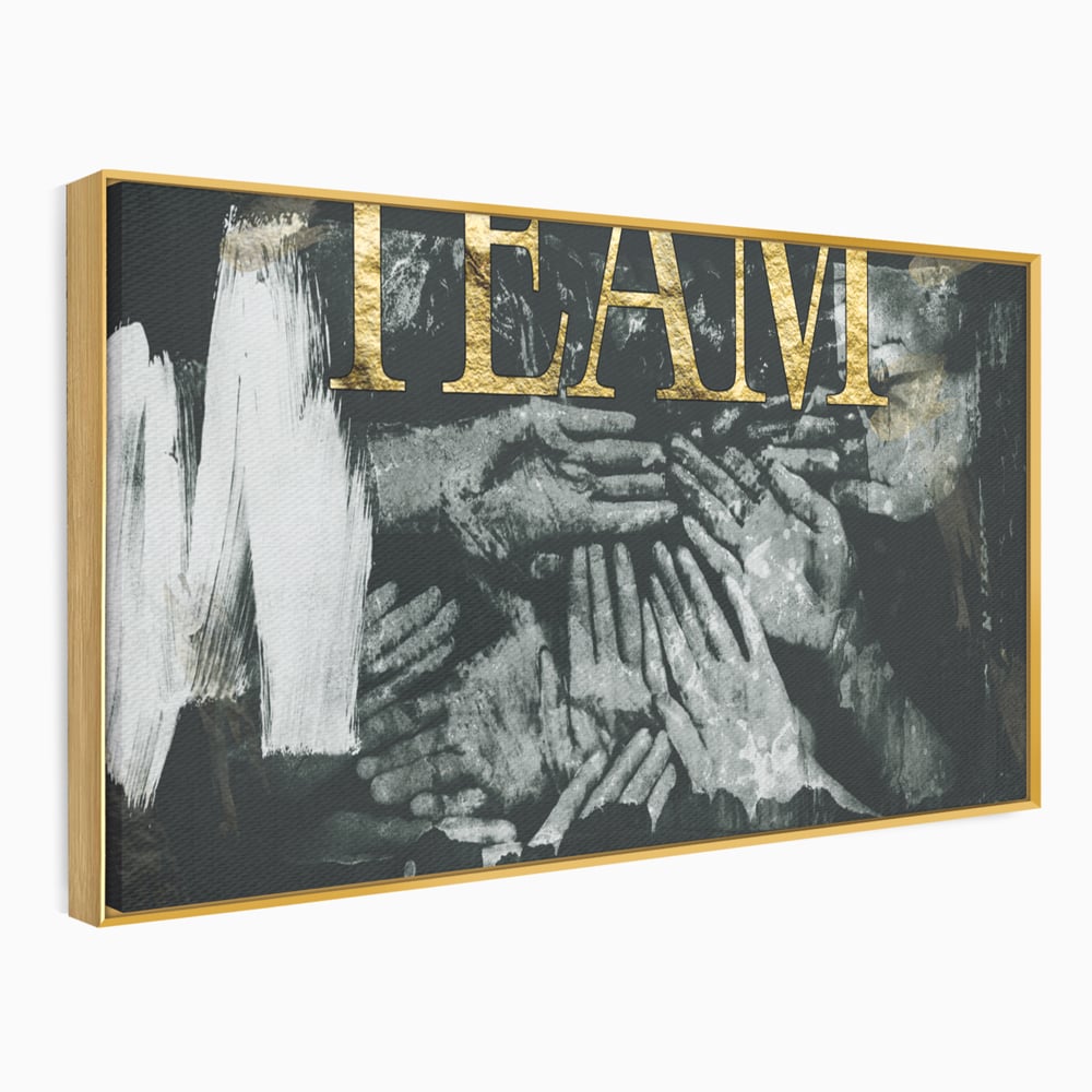 Tablou canvas cu tablou motivational cu maini si text, in rama de aluminiu auriu